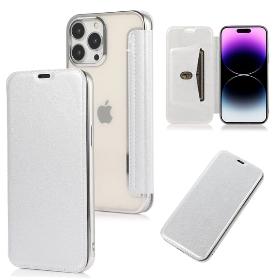 Nalacover Flip Case for iPhone 14 Pro Max, Card Slot Holder Hybrid Lychee Pattern PU Leather + TPU Non-Yellowing Cover with Kickstand Electroplated Frame Clear Back Case for iPhone 14 Pro Max, Silver