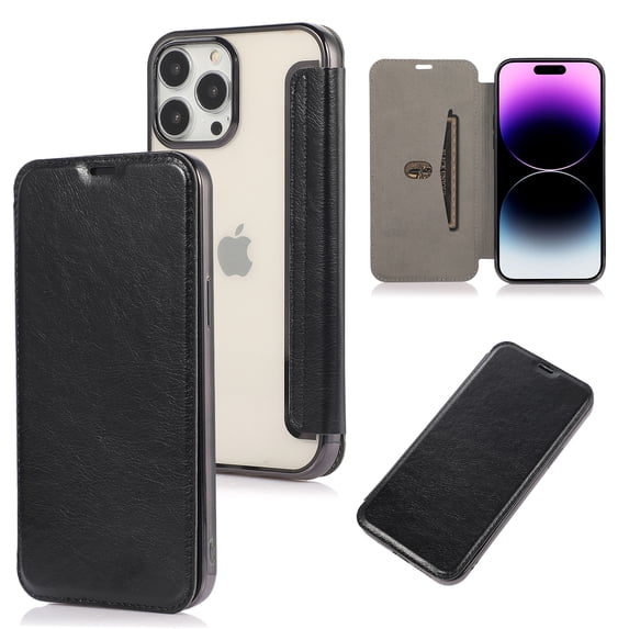 Nalacover Flip Case for iPhone 14 Pro Max, Card Slot Holder Hybrid Lychee Pattern PU Leather + TPU Non-Yellowing Cover with Kickstand Electroplated Frame Clear Back Case for iPhone 14 Pro Max, Black