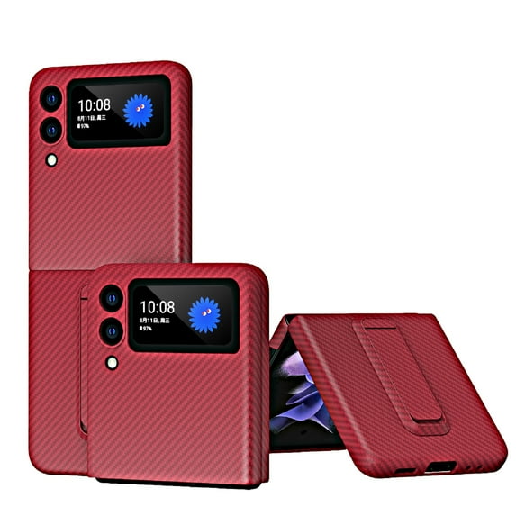 Nalacover Folding Case for Samsung Galaxy Z Flip 3, Carbon Fiber Rugged PC Anti-Scratches Lens Protection Cover with Hidden Bracket Screen Protection Wireless Charging Case,Red