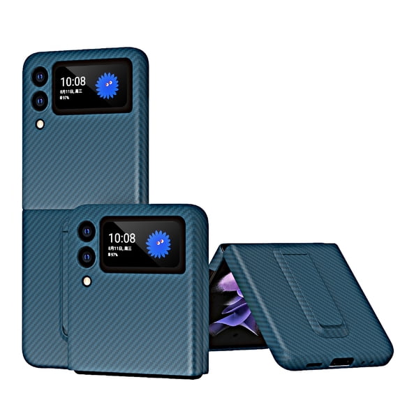 Nalacover Folding Case for Samsung Galaxy Z Flip 3, Carbon Fiber Rugged PC Anti-Scratches Lens Protection Cover with Hidden Bracket Screen Protection Wireless Charging Case,Cyanblue