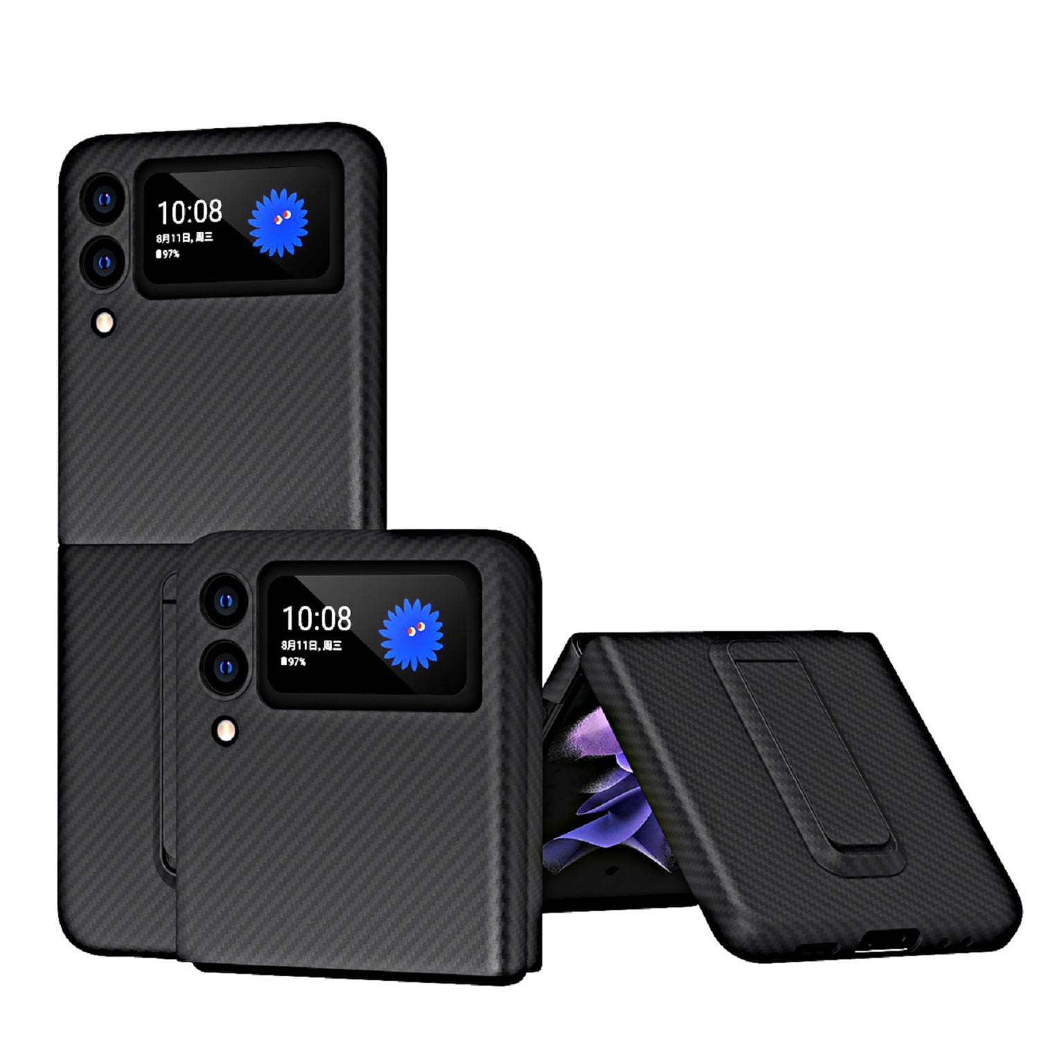 Nalacover Folding Case for Samsung Galaxy Z Flip 4, Carbon Fiber Rugged PC Anti-Scratches Lens Protection Cover with Hidden Bracket Screen Protection Wireless Charging Case,Black