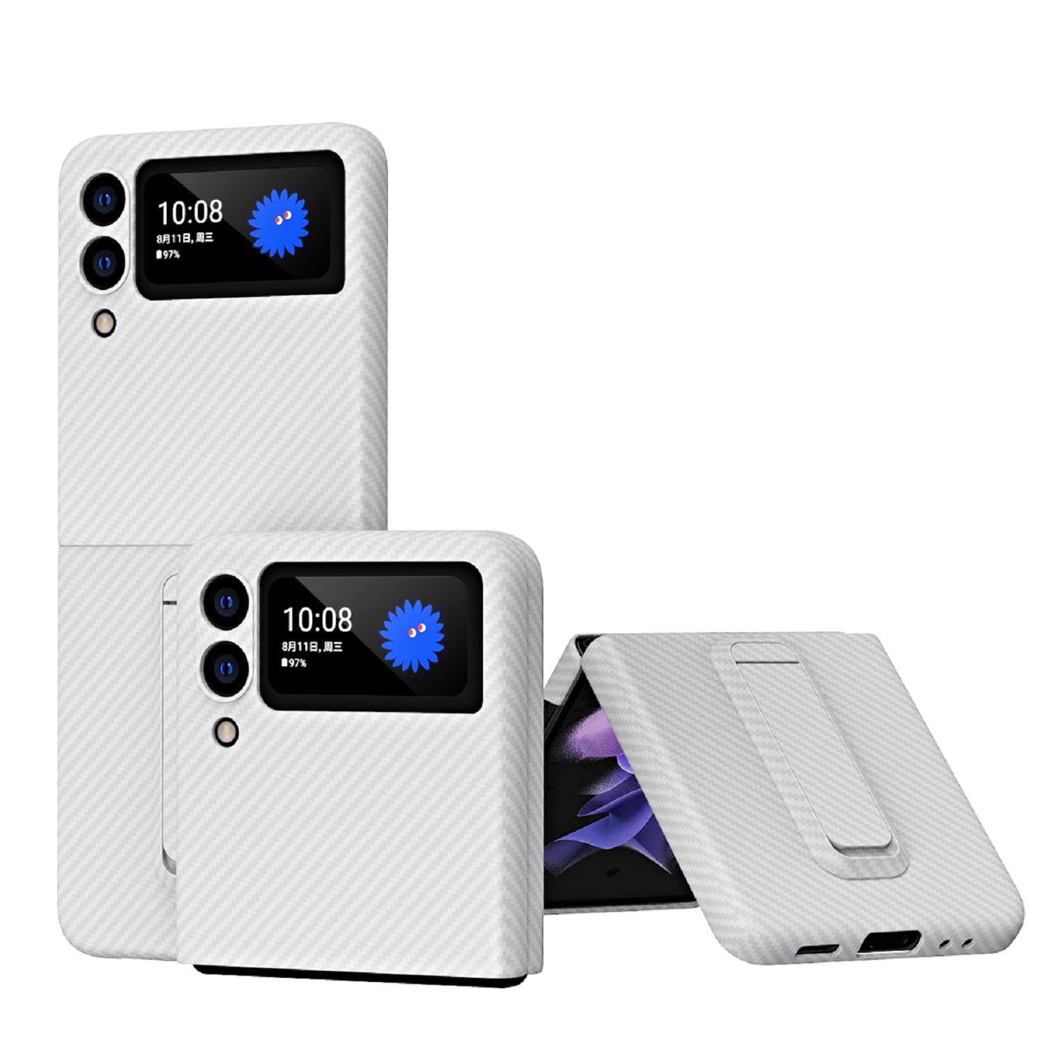 Nalacover Folding Case for Samsung Galaxy Z Flip 4, Carbon Fiber Rugged PC Anti-Scratches Lens Protection Cover with Hidden Bracket Screen Protection Wireless Charging Case,White