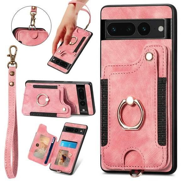 Nalacover For Google Pixel 7 Pro Case Ring Holder Kickstand with Credit Card Holder, Back Flip Premium Leather Magnetic Clasp Removable Wirst Hand Strap Cover for Google Pixel 7 Pro, Pink