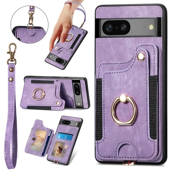 Nalacover For Google Pixel 8 Case Ring Holder Kickstand with Credit Card Holder, Back Flip Premium Leather Magnetic Clasp Removable Wirst Hand Strap Cover for Google Pixel 8, Purple