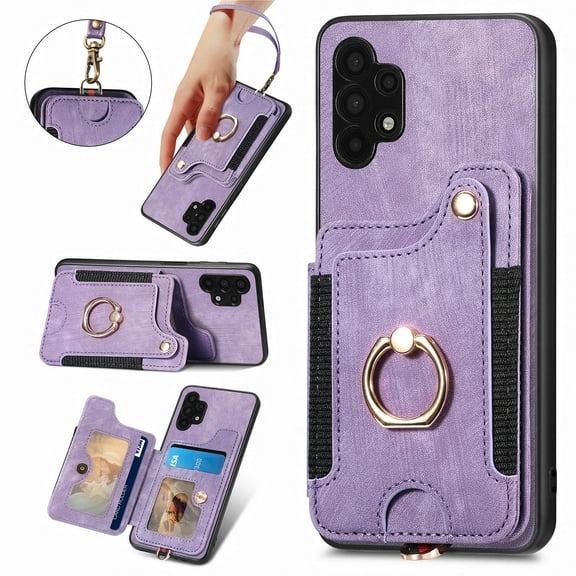 Nalacover For Samsung A32 5G Case Ring Holder Kickstand with Credit Card Holder, Back Flip Premium Leather Magnetic Clasp Removable Wirst Hand Strap Cover for Samsung Galaxy A32 5G, Purple