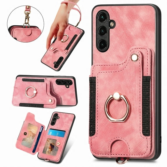 Nalacover For Samsung A34 5G Case Ring Holder Kickstand with Credit Card Holder, Back Flip Premium Leather Magnetic Clasp Removable Wirst Hand Strap Cover for Samsung Galaxy A34 5G, Pink