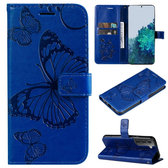 Nalacover For Samsung Galaxy S22 Case,Luxury Embossed Butterfly PU Leather Flip Kickstand Magnetic Card Wallet Shockproof Protective Cover with Wrist Strap.For Samsung Galaxy S22,Blue