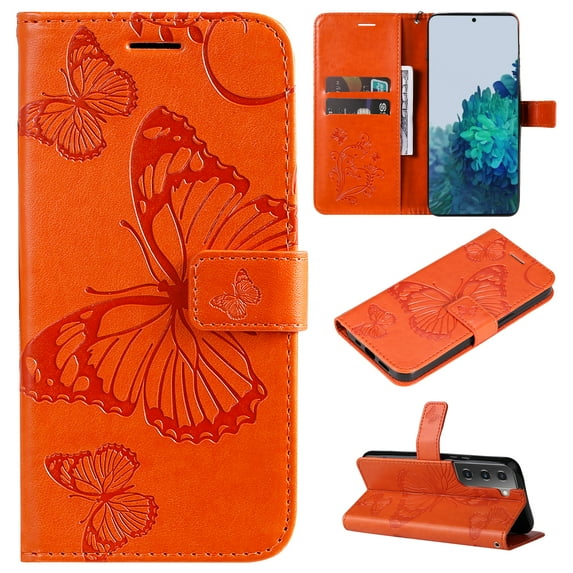 Nalacover For Samsung Galaxy S23 Case,Luxury 360 Protection Embossed Butterfly PU Leather and Soft TPU Flip Kickstand Magnetic Card Wallet Shockproof Protective Cover with Wrist Strap.Orange