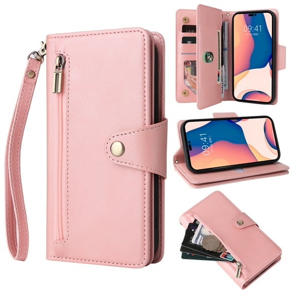 Nalacover For Samsung Galaxy S23 Ultra Zipper Wallet Case,360 Protection Stylish PU Leather Shockproof Magnetic Flip Holder 6 Card Slots and 2 Cash Pockets Cover with Detachable Wrist Strap,Rosegold