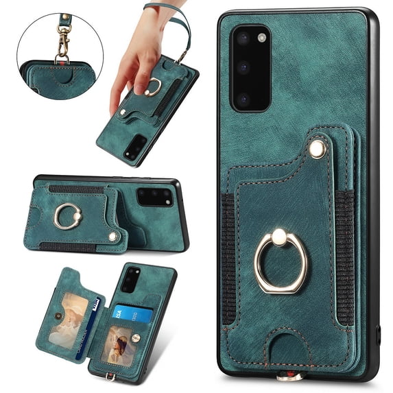 Nalacover For Samsung S20 Plus Case Ring Holder Kickstand with Credit Card Holder, Back Flip Premium Leather Magnetic Clasp Removable Wirst Hand Strap Cover for Samsung Galaxy S20 Plus,Green
