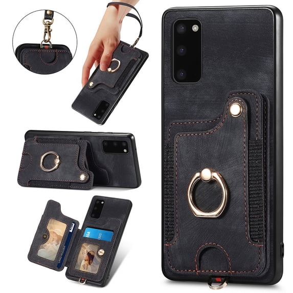 Nalacover For Samsung S20 Plus Case Ring Holder Kickstand with Credit Card Holder, Back Flip Premium Leather Magnetic Clasp Removable Wirst Hand Strap Cover for Samsung Galaxy S20 Plus,Black