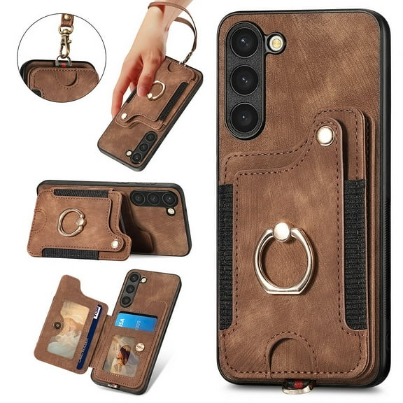 Nalacover For Samsung S21 FE Case Ring Holder Kickstand with Credit Card Holder, Back Flip Premium Leather Magnetic Clasp Removable Wirst Hand Strap Cover for Samsung Galaxy S21 FE, Brown