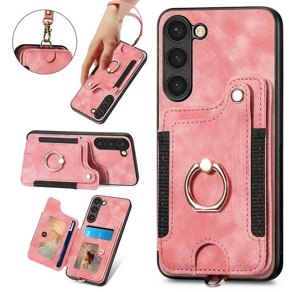 Nalacover For Samsung S22 Plus Case Ring Holder Kickstand with Credit Card Holder, Back Flip Premium Leather Magnetic Clasp Removable Wirst Hand Strap Cover for Samsung Galaxy S22 Plus, Pink