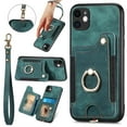 thumbnail image 1 of Nalacover For iPhone 11 Case Ring Holder Kickstand with Credit Card Holder, Back Flip Premium Leather Magnetic Clasp Removable Wirst Hand Strap Cover For iPhone 11, Green, 1 of 8
