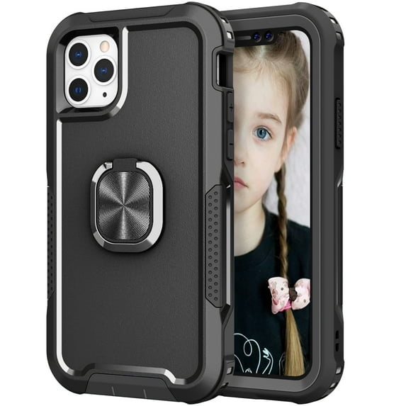 Nalacover For iPhone 11 Pro Slim Case,Luxury Hybrid Hard PC and TPU Rugged Bumper 3-In-1 Rotatable Magnetic Ring Kickstand Four Corner Guard Shockproof Anti-Scratch Back Phone Cover, Black