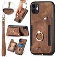 thumbnail image 1 of Nalacover For iPhone 12 Case Ring Holder Kickstand with Credit Card Holder, Back Flip Premium Leather Magnetic Clasp Removable Wirst Hand Strap Cover For iPhone 12, Brown, 1 of 8