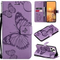 Nalacover For iPhone 13 Pro Max Case,Luxury 360 Protection Embossed Butterfly PU Leather and Soft TPU Flip Kickstand Magnetic Card Wallet Shockproof Protective Cover with Wrist Strap.Purple