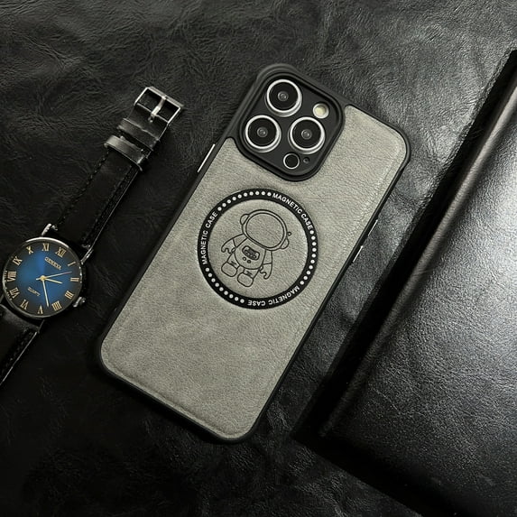 Nalacover For iPhone 14, Cute Astronaut Pattern Leather Anti-Scratch Raised Camera Protection Compatible with MagSafe,Slim Fit Shockproof Phone Case For iPhone 14, Gray