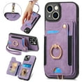 thumbnail image 1 of Nalacover For iPhone 14 Plus Case Ring Holder Kickstand with Credit Card Holder, Back Flip Premium Leather Magnetic Clasp Removable Wirst Hand Strap Cover For iPhone 14 Plus, Purple, 1 of 14
