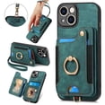 thumbnail image 1 of Nalacover For iPhone 14 Plus Case Ring Holder Kickstand with Credit Card Holder, Back Flip Premium Leather Magnetic Clasp Removable Wirst Hand Strap Cover For iPhone 14 Plus, Green, 1 of 14
