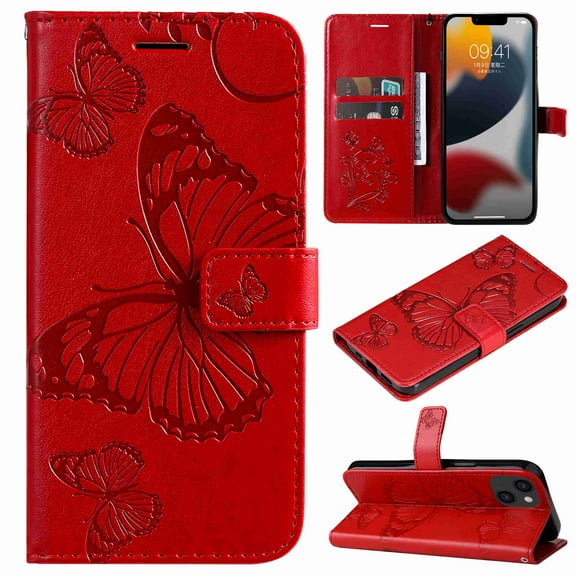 Nalacover For iPhone 14 Plus Magnetic Wallet Case,Luxury Embossed Butterfly PU Leather Flip Kickstand Card Slot Shockproof Protective Cover with Wrist Strap.For Apple iPhone 14 Plus,Red