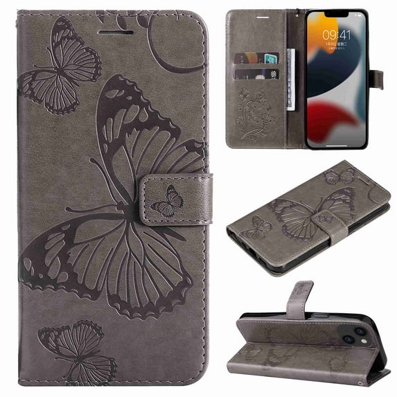 Nalacover For iPhone 14 Plus Magnetic Wallet Case,Luxury Embossed Butterfly PU Leather Flip Kickstand Card Slot Shockproof Protective Cover with Wrist Strap.For Apple iPhone 14 Plus,Gray