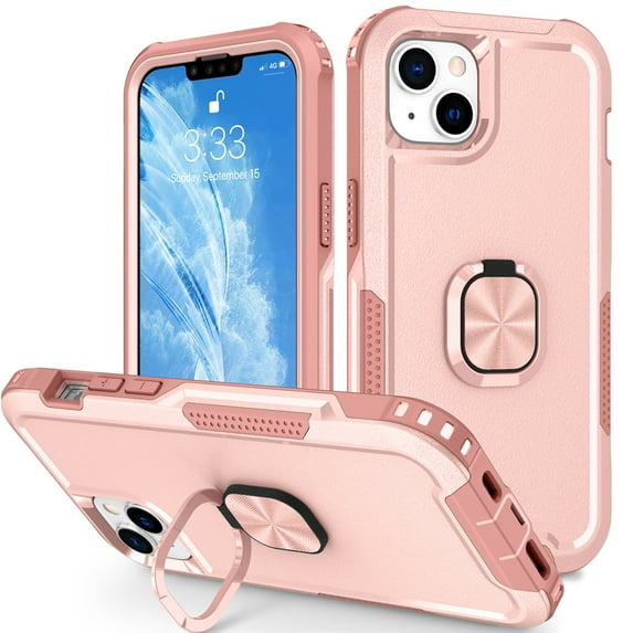 Nalacover For iPhone 14 Plus Slim Case,Luxury Hybrid Hard PC and TPU Rugged Bumper 3-In-1 Rotatable Magnetic Ring Kickstand Four Corner Guard Shockproof Anti-Scratch Back Phone Cover.Rosegold