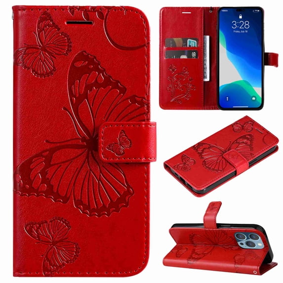 Nalacover For iPhone 14 Pro Magnetic Wallet Case,Luxury Embossed Butterfly PU Leather Flip Kickstand Card Slot Shockproof Protective Cover with Wrist Strap.For iPhone 14 Pro,Red