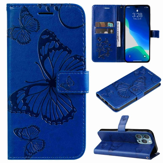 Nalacover For iPhone 14 Pro Max Magnetic Wallet Case,Luxury Embossed Butterfly PU Leather Flip Kickstand Card Slot Shockproof Protective Cover with Wrist Strap.For iPhone 14 Pro Max,Blue