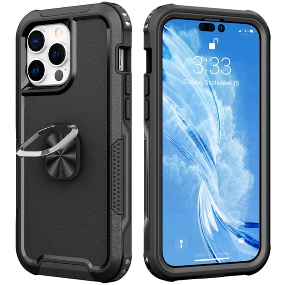 Nalacover For iPhone 14 Pro Max Slim Case,Luxury Hybrid Hard PC and TPU Rugged Bumper 3-In-1 Rotatable Magnetic Ring Kickstand Four Corner Guard Shockproof Anti-Scratch Back Phone Cover.Black