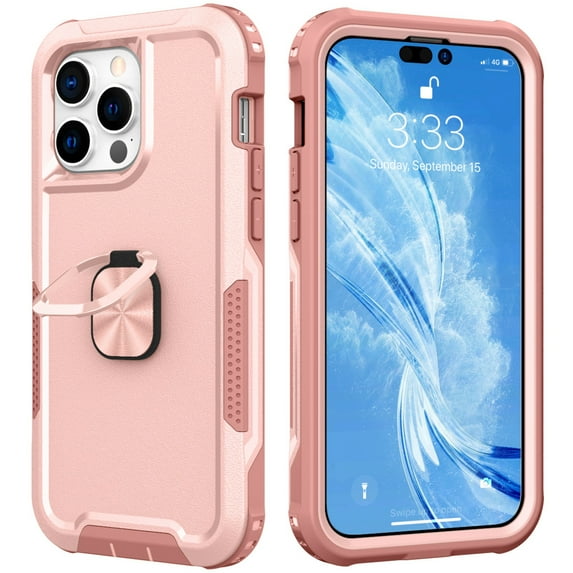 Nalacover For iPhone 14 Pro Slim Case,Luxury Hybrid Hard PC and TPU Rugged Bumper 3-In-1 Rotatable Magnetic Ring Kickstand Four Corner Guard Shockproof Anti-Scratch Back Phone Cover.Rosegold