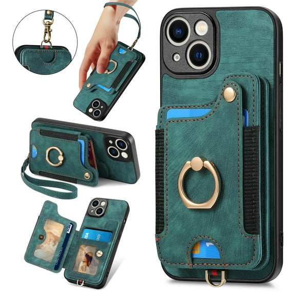 Nalacover For iPhone 15 Case Ring Holder Kickstand with Credit Card Holder, Back Flip Premium Leather Magnetic Clasp Removable Wirst Hand Strap Cover For iPhone 15, Green