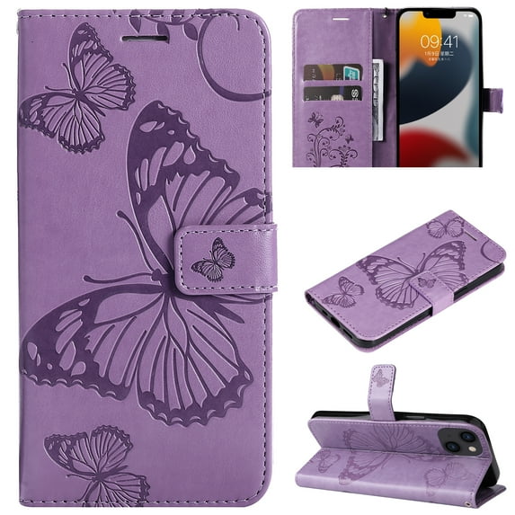 Nalacover For iPhone 15 Plus Case,Slim Embossed Butterfly PU Leather and Soft Inner TPU Flip Kickstand Magnetic Closure Card Slots Wallet Shockproof Cover with Wrist Strap,Purple