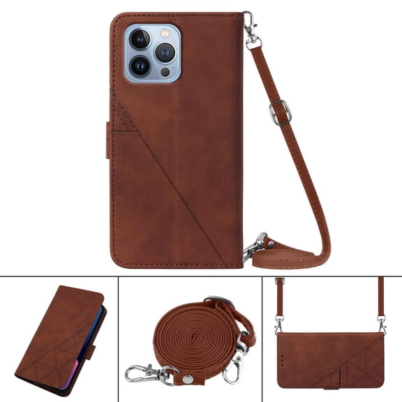 Nalacover For iPhone 15 Pro Max Card Slot Case,Shockproof Premium PU Leather Magnetic Clasp Flip Stand Wallet for Women Men Cover with Removable Adjustable Crossbody Shoulder Strap,Brown