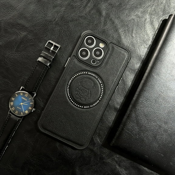 Nalacover For For iPhone 15 Pro Max, Cute Astronaut Pattern Leather Anti-Scratch Raised Camera Protection Compatible with MagSafe,Slim Fit Shockproof Phone Case For iPhone 15 Pro Max, Black