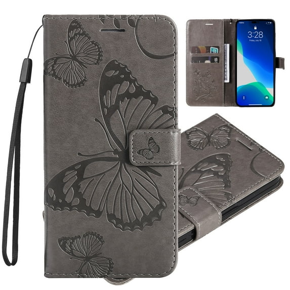 Nalacover For iPhone 16 Plus Case,Slim Embossed Butterfly PU Leather and Soft Inner TPU Flip Kickstand Magnetic Closure Card Slots Wallet Shockproof Cover with Wrist Strap,Gray