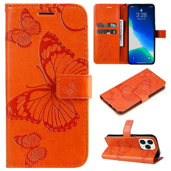 Nalacover For iPhone 16 Pro Max Case,Slim Embossed Butterfly PU Leather and Soft Inner TPU Flip Kickstand Magnetic Closure Card Slots Wallet Shockproof Cover with Wrist Strap,Orange