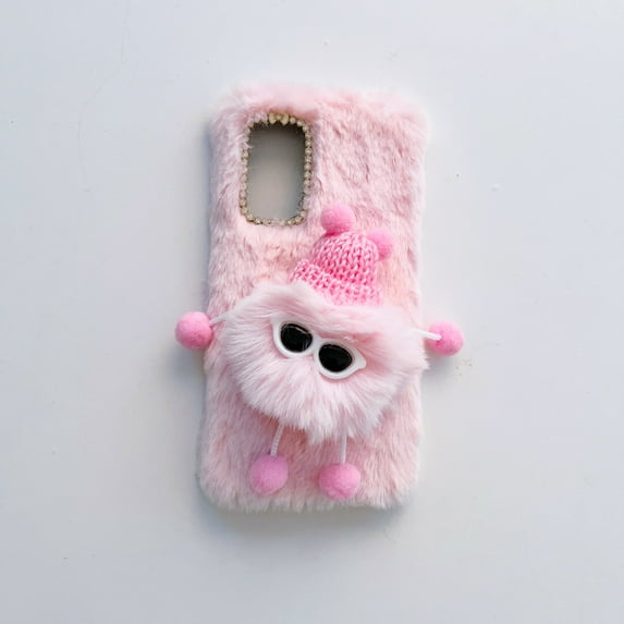 Nalacover Furry Plush Case for Samsung Galaxy A34 5G, Cute Cartoon Briquette Cold Weather Warm Fluffy Phone Case, Shockproof Shining Glitter Diamond Lens Frame Protection Cover, Pink