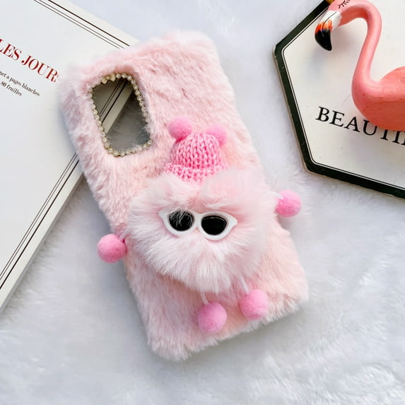 Nalacover Furry Plush Case for Samsung Galaxy A53 5G,Shining Sparkle Rhinestones Cute Cartoon Briquette Fluffy Thin Cover with Warm Cold Weather Glitter Diamond Lens Frame Protection Case,Pink