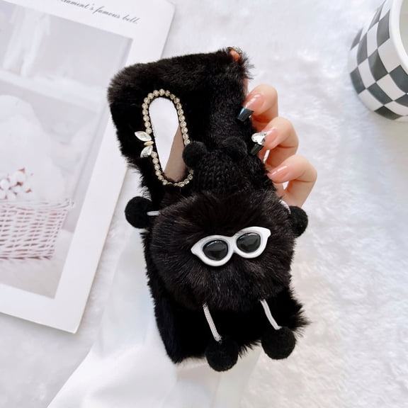 Nalacover Furry Plush Case for Samsung Galaxy Z Fold3, Shining Sparkle Rhinestones Cute Cartoon Briquette Fluffy Thin Cover with Warm Cold Weather Glitter Diamond Lens Frame Protection Case,Black
