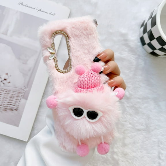 Nalacover Furry Plush Case for Samsung Galaxy Z Fold4, Shining Sparkle Rhinestones Cute Cartoon Briquette Fluffy Thin Cover with Warm Cold Weather Glitter Diamond Lens Frame Protection Case,Pink