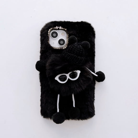 Nalacover Furry Plush Case for iPhone 15 6.1", Cute Cartoon Briquette Cold Weather Warm Fluffy Phone Case, Shockproof Shining Glitter Diamond Lens Frame Protection Cover, Black
