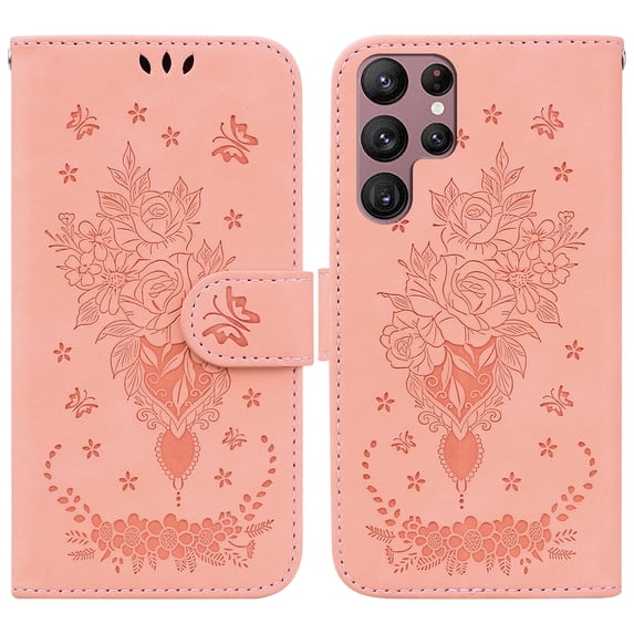 Nalacover for Galaxy S23 Ultra Wallet Case, Embossed Sun Flower Pattern PU Leather Magnetic Flip Folio Credit Card Holder for Women Men Cover+Wrist Strap For Samsung Galaxy S23 Ultra, Pink