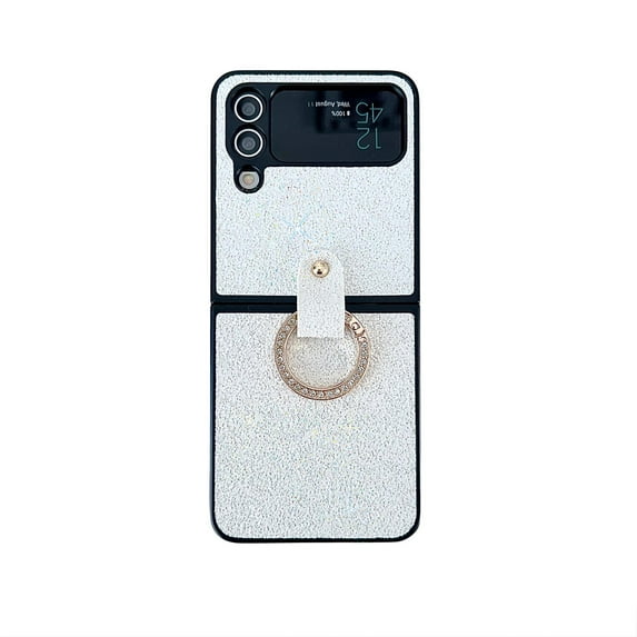 Nalacover Glitter Case for Samsung Galaxy Z Flip 3, Sparkle Shining Slim Fit Folding Cover with Metal Finger Ring Holder Rugged PC Lens Protection Anti-Scratches Case,White