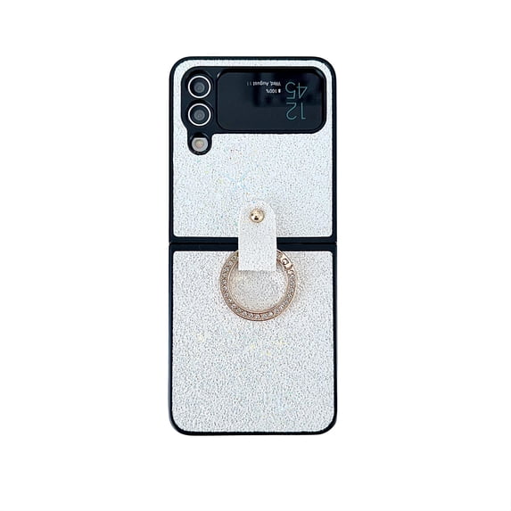 Nalacover Glitter Case for Samsung Galaxy Z Flip 4, Sparkle Shining Slim Fit Folding Cover with Metal Finger Ring Holder Rugged PC Lens Protection Anti-Scratches Case,White