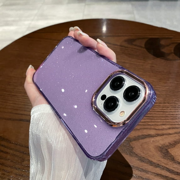 Nalacover Glitter Clear Case for iPhone 14 Pro, Cute Sparkly Bling Translucent Electroplated Lens Frame Protection Slim Rugged Shockproof Anti-Scratch Non-Yellowing Cover for Women Girls,Purple