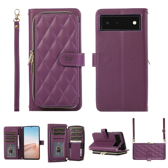 Nalacover for Google Pixel 6 6.4 inch Premium PU Leather Crossbody Case with Shoulder Strap & Wrist Strap,Shockproof Magnetic Flip Kickstand Credit Card Slots Zipper Wallet Phone Case,Darkpurple