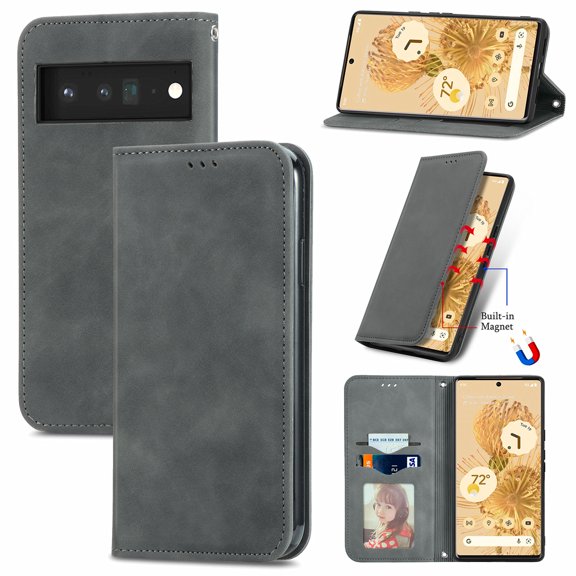 Nalacover for Google Pixel 6 Pro Wallet Case, Card Slots Holder Magnetic Closure Flip Folio Cover with Kickstand Bracket Luxury PU Leather Soft TPU Shockproof Case for Google Pixel 6 Pro, Gray