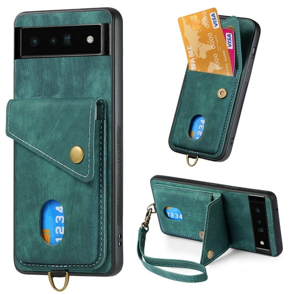 Nalacover for Google Pixel 6A, Slim Case Wallet with Credit Card Holder, Back Flip Premium Leather Magnetic Clasp Kickstand Wirst Hand Strap Shockproof Cover for Google Pixel 6A, Green
