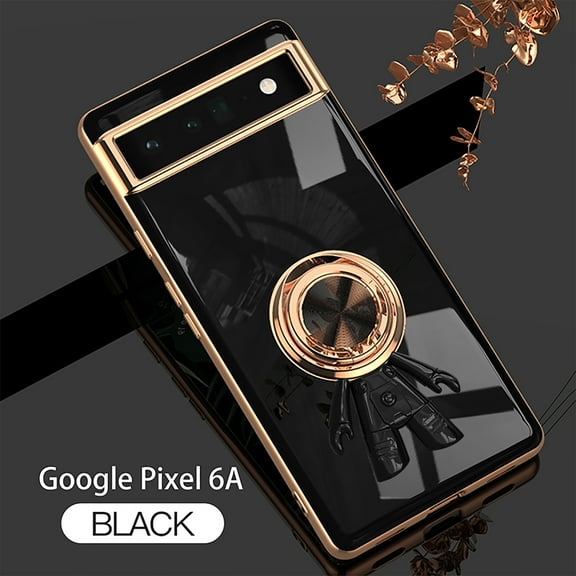 Nalacover for Google Pixel 6a Slim Case,Cute Cartoon 6D Plating Astronaut Hidden Magnetic Ring Kickstand Soft TPU Shockproof Corner Protection Drop Proof Edge Bumper Cover for Women Men.Black